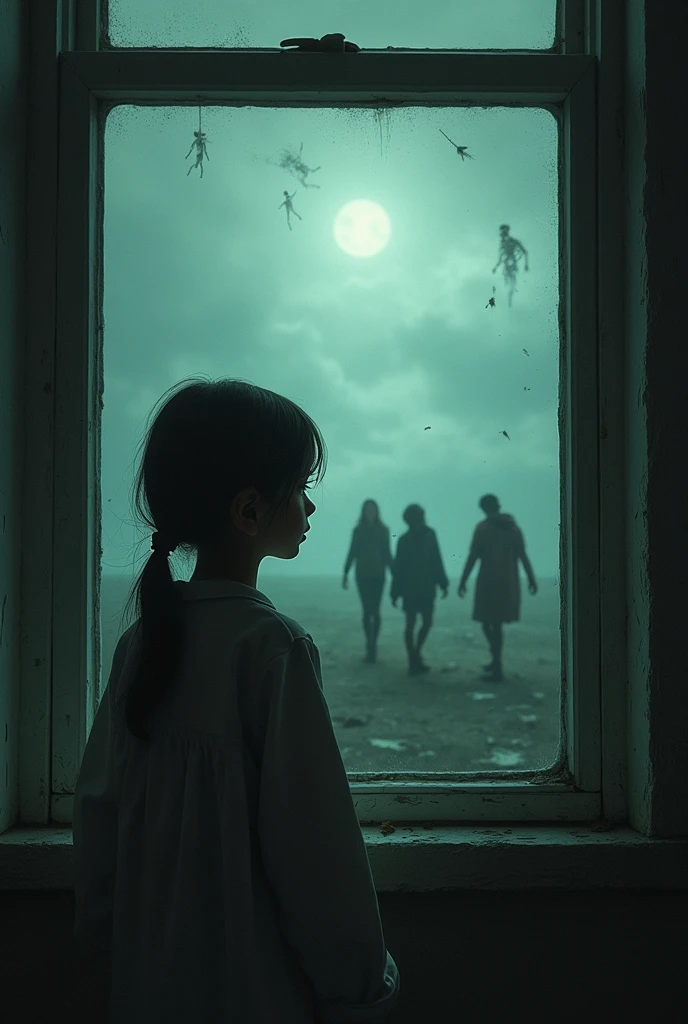Young girl at a window with terrifying experiments, like zombies, In the distance about six young people with normal experiments