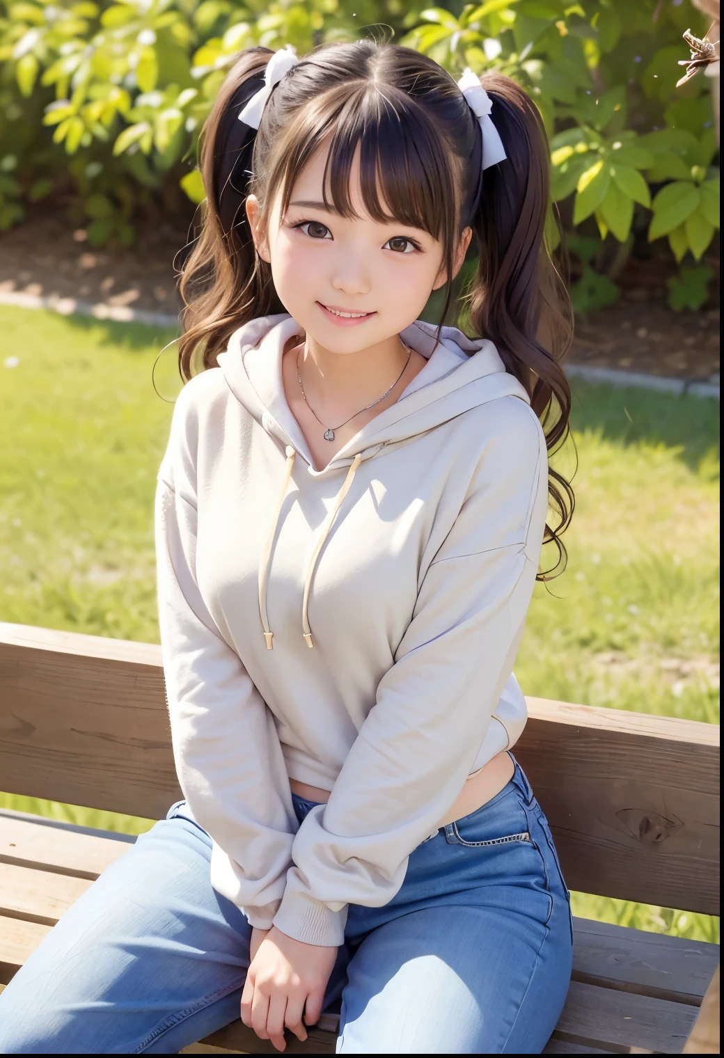 (Highest quality,masterpiece:1.3,Ultra-high resolution),(Very detailed、Caustics) (Realistic:1.4, RAW shooting、)Ultra-Realistic Capture、Very detailed、Natural skin texture、masterpiece、(A Japanese elementary school girl wearing a fluffy hoodie and jeans:1.3)、Adorable expression、Expressions of happiness、、height: 140cm、Baby Face、Pure girl、Amazingly cute、Twin tail hairstyle、Curly Hair、ribbon、Black Hair、Large Breasts、Shining thighs、Shining ass、necklace、Photographed while sitting on a bench on the main street of a summer resort、Background details、smile、An inviting gaze、(Anatomically correct)、Cowboy Shot、Attention to detail、