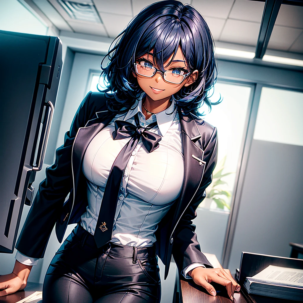 Adult black girl with short, wavy, blue hair, tall stature and slim build, wearing a smart white shirt and smart jacket with an untied black tie and white smart pants sitting on top of a desk in a large office. and an expression in his expression in his smug smile