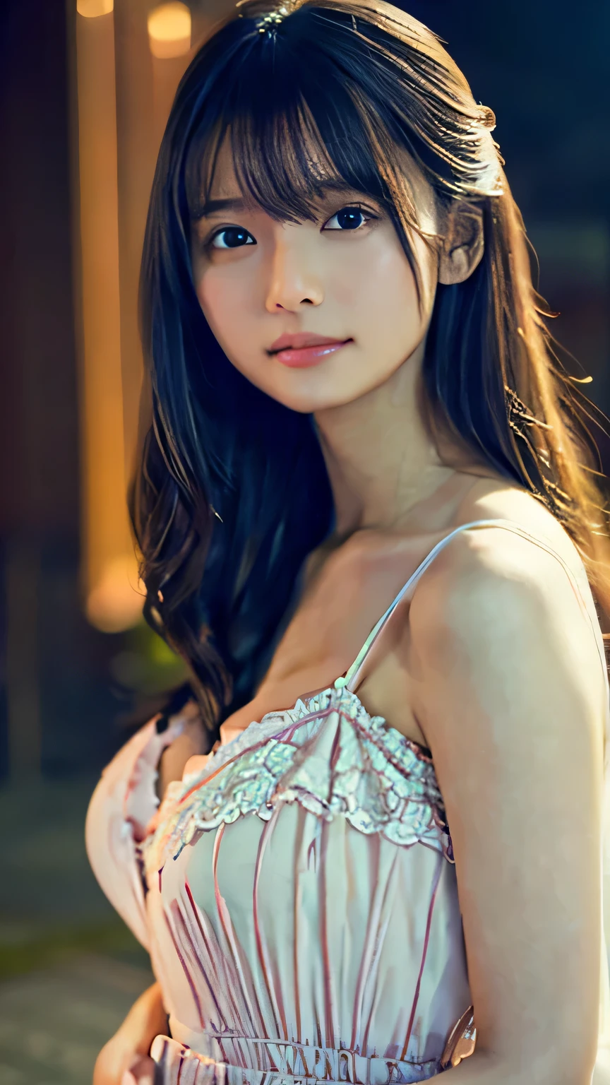 Highest quality,4K,8k,High resolution,masterpiece:1.2,Very detailed,Realistic:1.37,Portraiture,Soft colors,Gentle light,A girl exuding fatigue,Long flowing hair,Delicate features,Deeply contemplative eyes,White skin,Happy expression,Soft pastel colors,Great atmosphere,Rich Dress,Subtle brushwork,Dreamlike composition,Gazing into the distance,,Romantic atmosphere、Roppongi nightlife、,Calm colors,Soft Shadows、Above the waist display、Ample breasts、