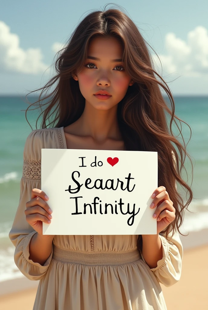 Beautiful girl with wavy long hair, bohemian dress, holding a white board with text "I Love Seaart Infinity" and showing it to the viewer