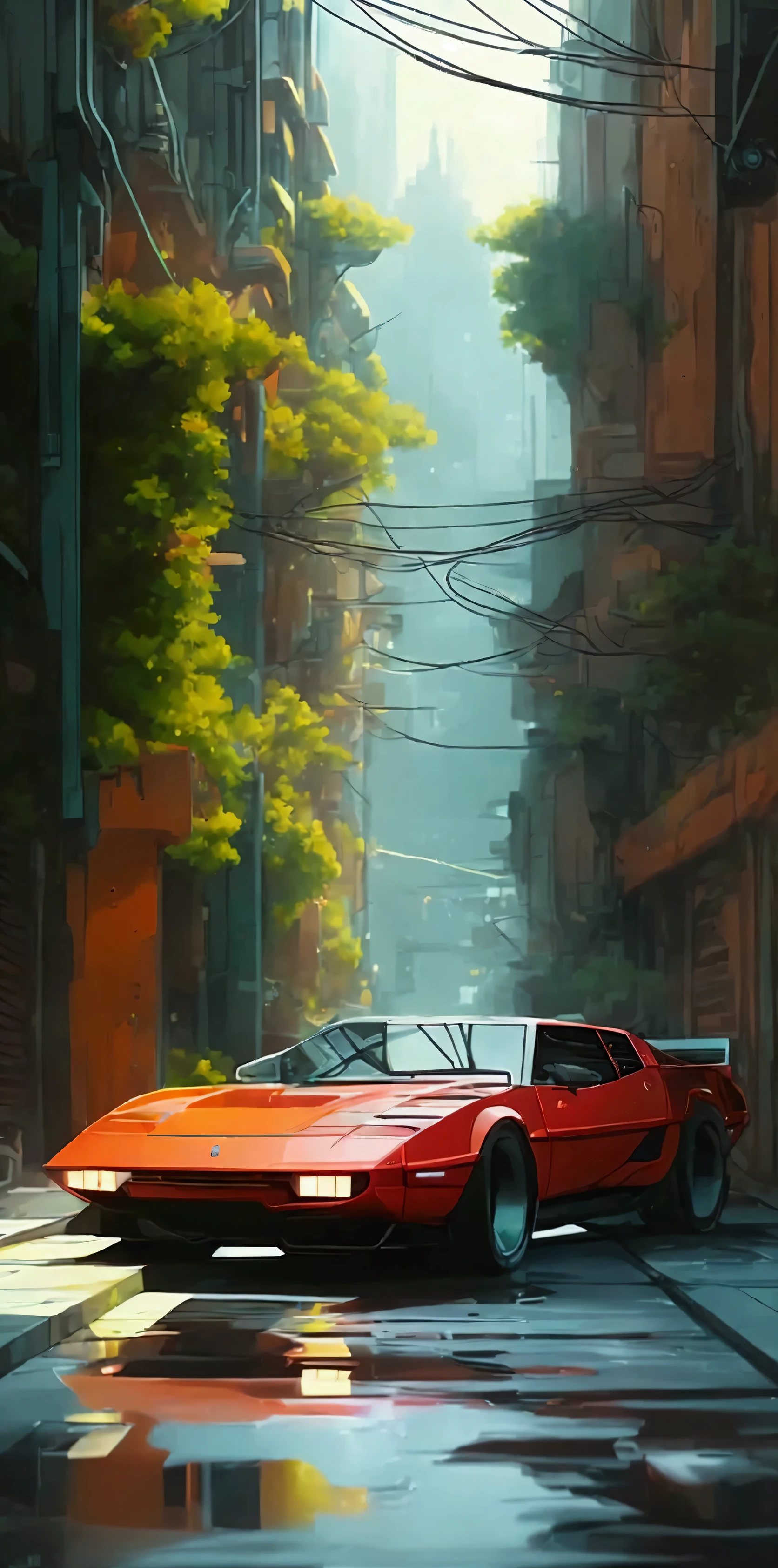 Electric muscle car from the future，blade runner, Have on the street，the street，Fragmentation，Background of the ruins，detailedbackground
