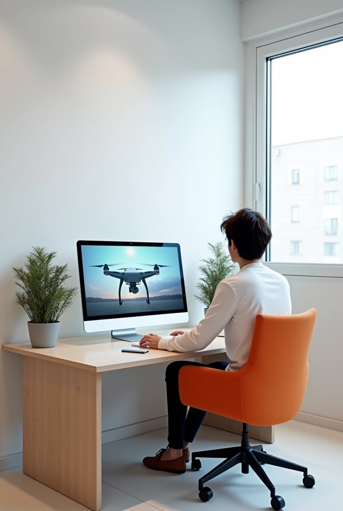 Make me an image where a person appears sitting doing a simulation of a drone on a computer, By the way, the office must have totally minimalist white walls., Use: The chairs should be square orange office chairs with black chair arms.