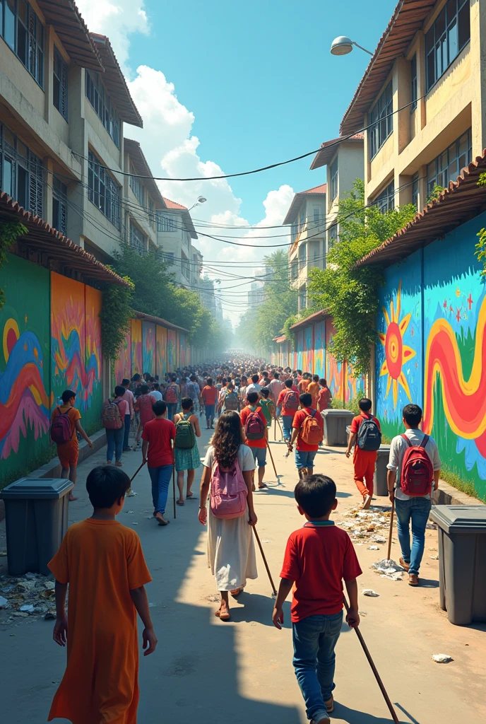 Bangladeshi students cleaning the city and street aldo painting beautiful wall art on the road side wall and some of them are carrying bangladesh flag on their back or on head as a headband. Cleaning can also be by picking up by hand and keeping in a dusbin and black dustbin bags also the number if student must way more then this must be more roads more student are doing painting and add more girls also they must  can be on western dress and some may be on bangladeshi nornal shirt pant or other dresses they must be University students add mire rods and more details line a four road junction full with buidling also change dresses make it more casual dress uo of a student a little but cooler