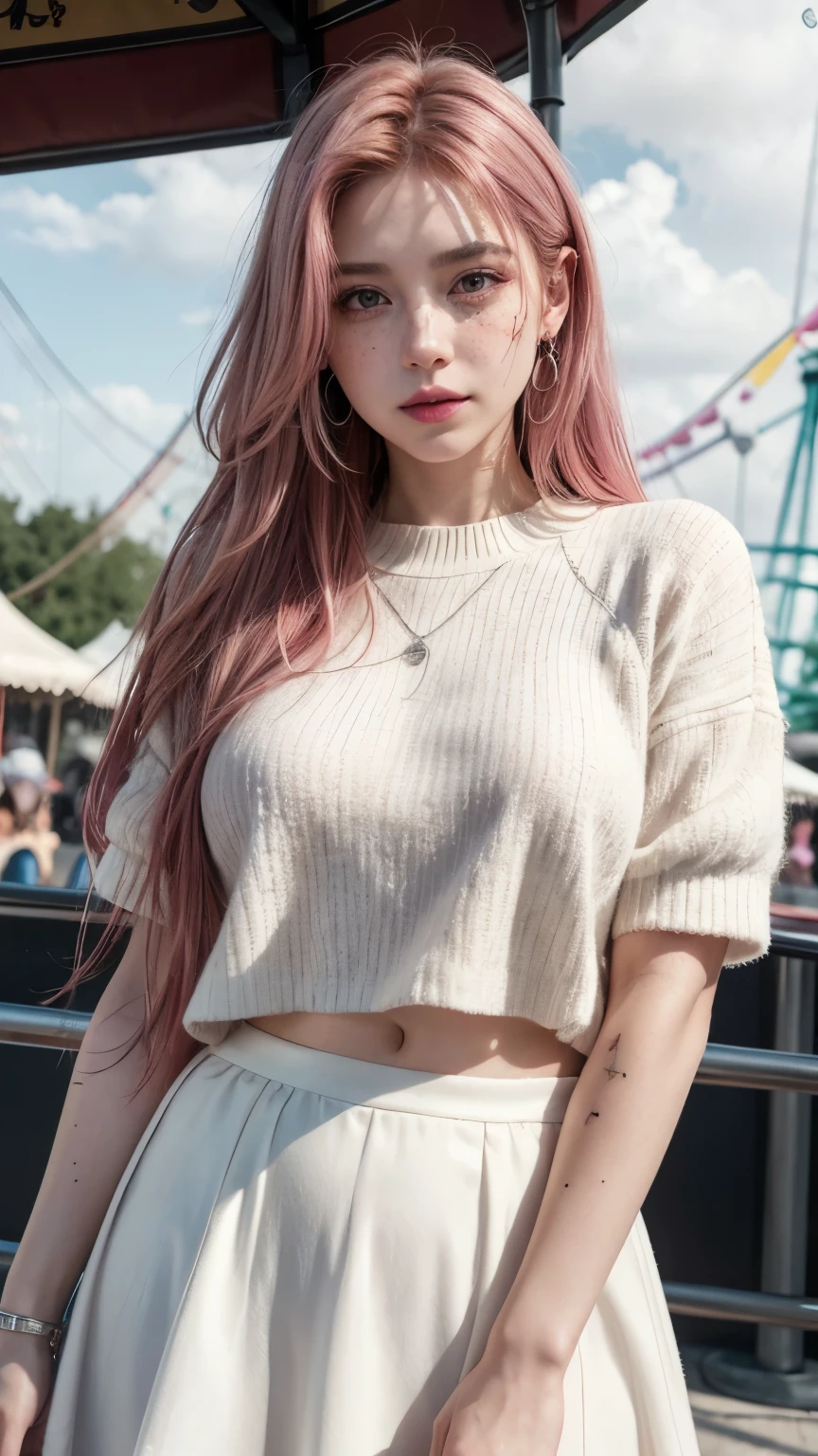realistic portrait of woman, intense gaze, brown eyes, soft smile, freckles on her face, pink hair, colorful tattoos, white woolen blouse, eyeliner, thin red lips, black skirt, silver accessories, jewelry silver, cloudy scenery, amusement park