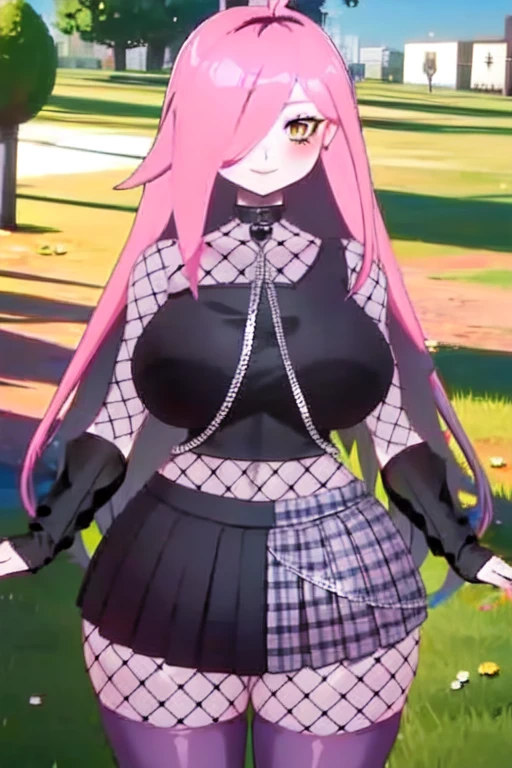 NeneEfthyVT, yellow eyes, hair covering one eye, long hair, pink hair, ahoge, collar, navel,  (black pads sleeve:1.2), collar with chain, black crop top, (mesh:1.3), purple skirt, black skirt, skirt, square skirt, (two tone skirt:1.3), (half color skirt:1.3), (thight mesh:1.3), ((purple thighhighs:1.3)), black boots, standing, outdoors