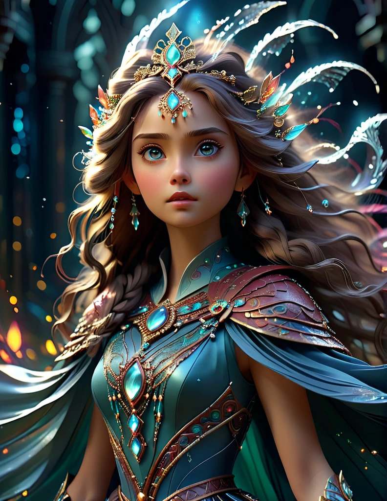 mystical female protagonist, intricate fantasy dress, glowing ethereal aura, detailed ornate headpiece, sweeping dramatic cape, enchanting eyes, porcelain skin, flowing hair, serene expression, dark moody lighting, cinematic dramatic atmosphere, vibrant jewel-toned colors, creative whimsical concept art, (best quality,4k,8k,highres,masterpiece:1.2),ultra-detailed,(realistic,photorealistic,photo-realistic:1.37)