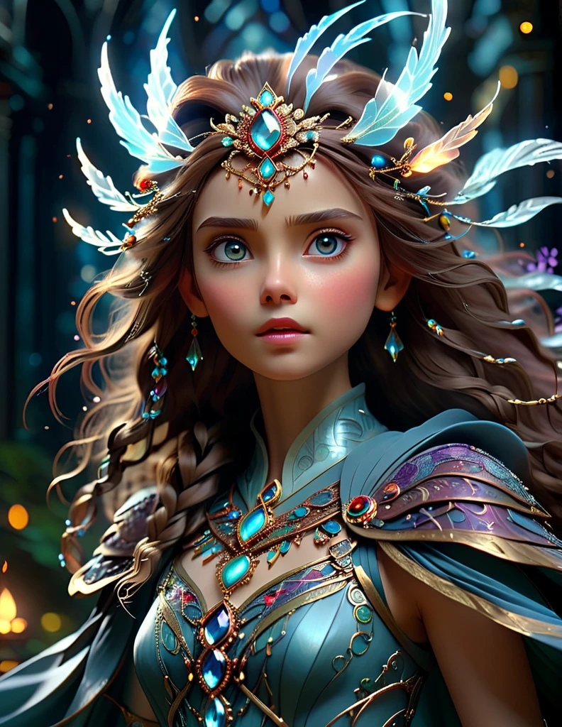 mystical female protagonist, intricate fantasy dress, glowing ethereal aura, detailed ornate headpiece, sweeping dramatic cape, enchanting eyes, porcelain skin, flowing hair, serene expression, dark moody lighting, cinematic dramatic atmosphere, vibrant jewel-toned colors, creative whimsical concept art, (best quality,4k,8k,highres,masterpiece:1.2),ultra-detailed,(realistic,photorealistic,photo-realistic:1.37)