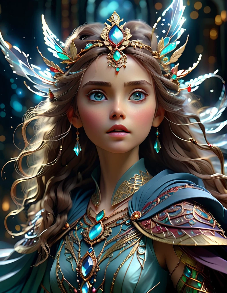 mystical female protagonist, intricate fantasy dress, glowing ethereal aura, detailed ornate headpiece, sweeping dramatic cape, enchanting eyes, porcelain skin, flowing hair, serene expression, dark moody lighting, cinematic dramatic atmosphere, vibrant jewel-toned colors, creative whimsical concept art, (best quality,4k,8k,highres,masterpiece:1.2),ultra-detailed,(realistic,photorealistic,photo-realistic:1.37)