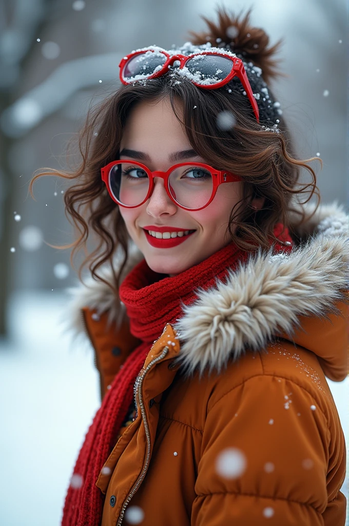 Caucasian female, ssmile, red lipgloss stick, 30years, Red glasses, curly hair and plush hooded cold weather jacket. In the cold with snowflakes falling in the background.