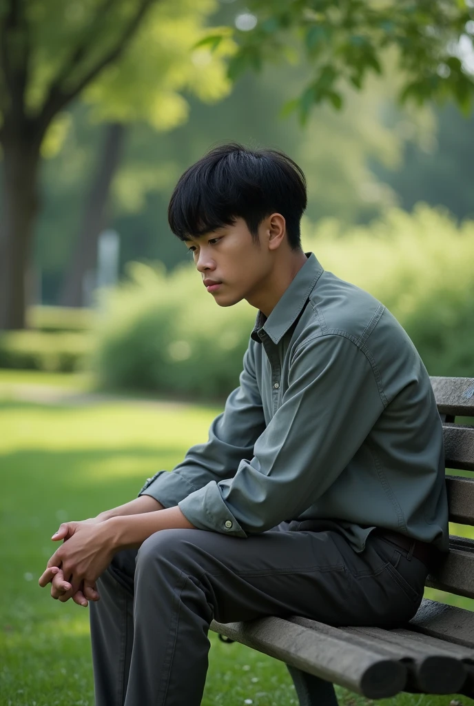 Young man sitting on a bench with his head down and thinking and with his head down Realistic 4k Man from the front