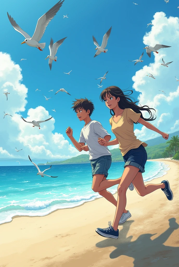 Make a sketch of two people running to the left side towards a beach and birds flying near them in anime style
