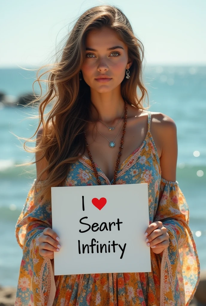 Beautiful girl with wavy long hair, bohemian dress, holding a white board with text "I Love Seaart Infinity" and showing it to the viewer