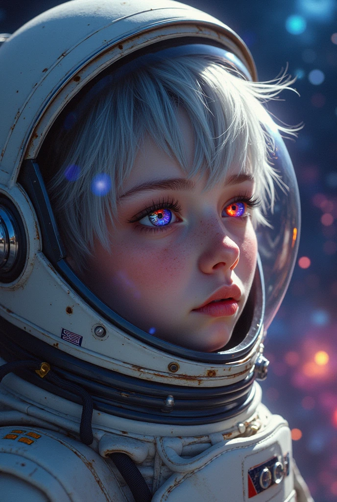 (Close-up of a better masterpiece:1.5)0.9], (Space and astronauts:1.2) (Messy silver hair:1.1) (Heterochromia xanthochromia and blue eyes:1.2) (Space Helmet:1.0) (Colored stars in the eyes:1.0) (A radiant glow:1.1) (thick lips:0.9)