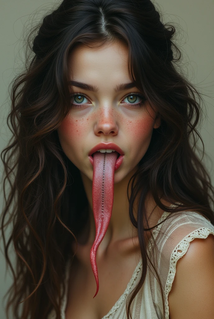 Beautiful girl with wavy long hair, bohemian dress, and she open her mouth and show her long tongue