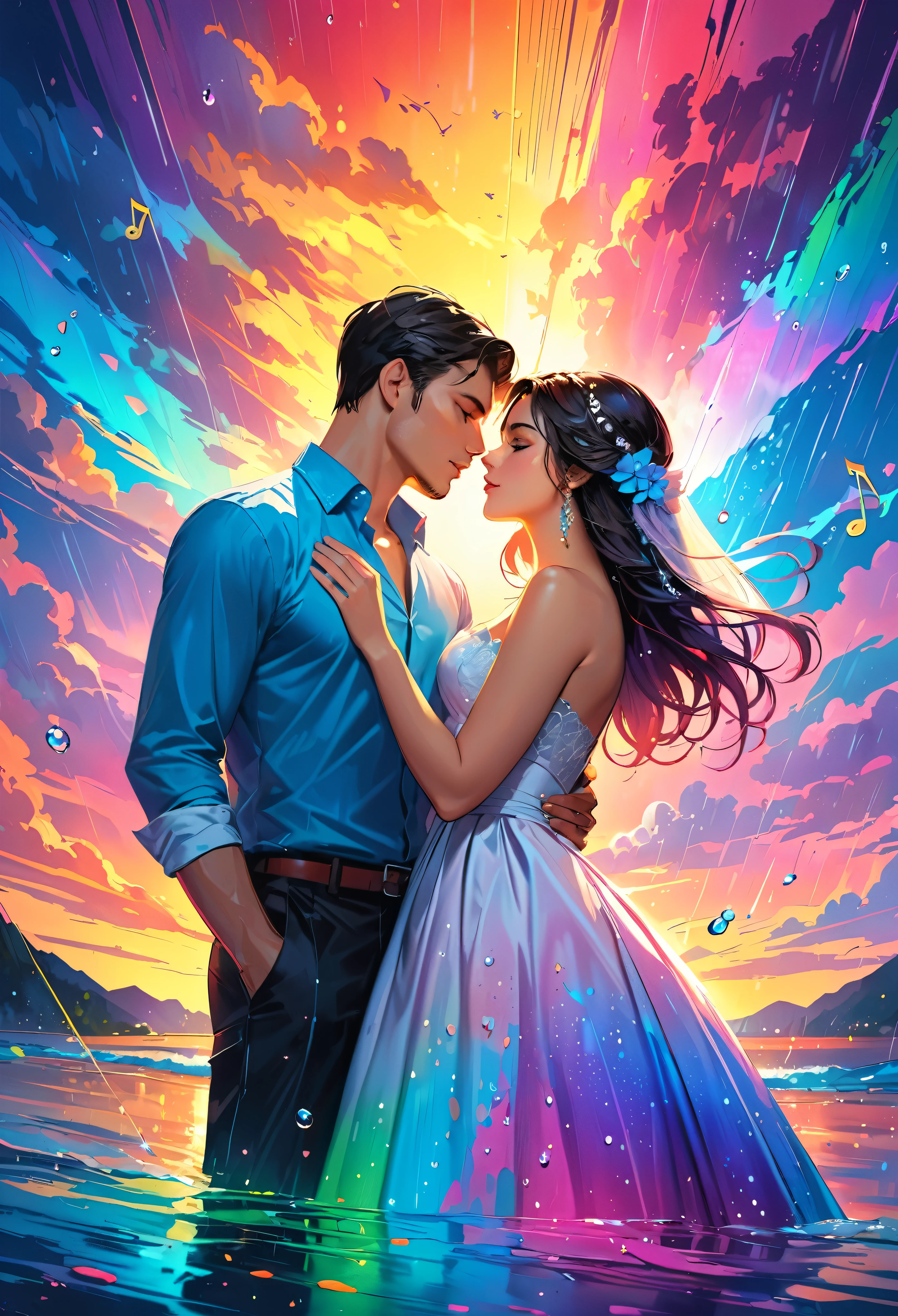 Oil painting, Ultra high-definition, high-quality illustration of a sweet couple, a Caucasian man and a Hispanic woman, about to kiss at sunset, with rain droplets and rainbow effects along with musical notes weaving around them, giving a mystical feel. Bright, vivid colors., creative, extremely detailed brush stroke, split gradient colors background, dramatic dutch light, cinematic angle composition, 50mm