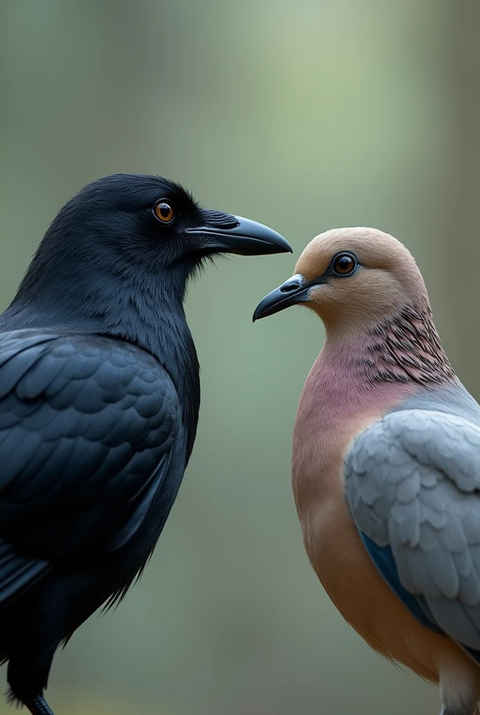 Generate an image of a crow and a dove facing each other, with the crow looking sad and the dove looking concerned.