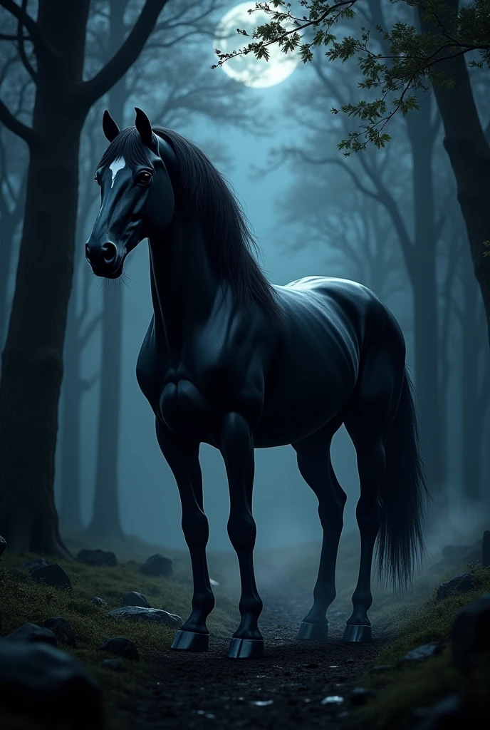 a black horse, Dark in the woods at night 