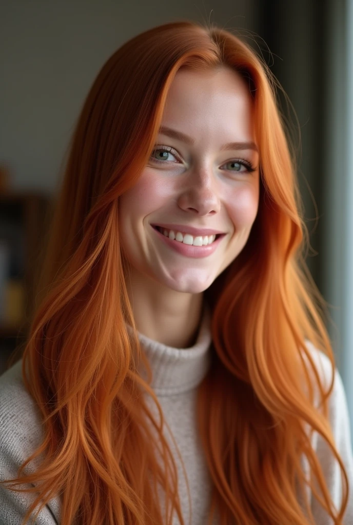 A radiant smile illuminates the face of the AI influencer, with long red hair, Ultra high definition images of our digital AI influencer, smiling as she interacts with modern technology in her home.