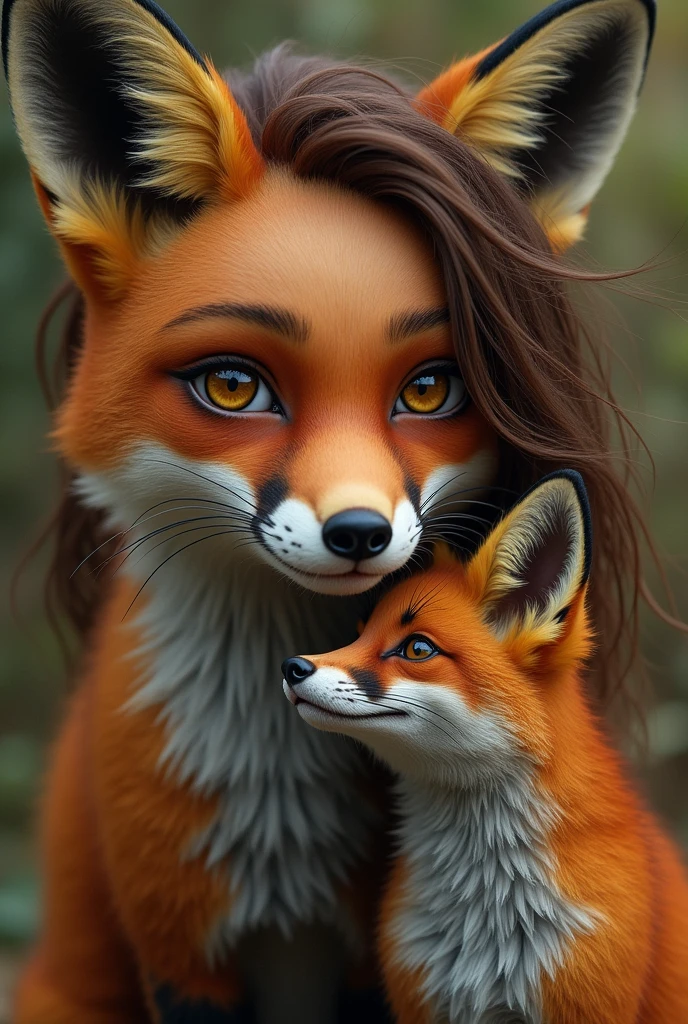 A fox-like woman with a fox next to her face
