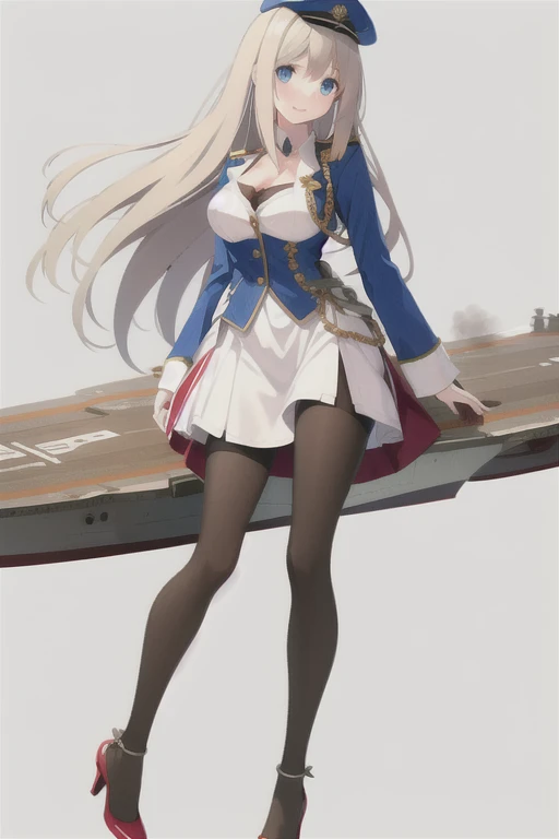 lexington \(warship girls r\),((Bestquality))),((Ultra-detailed)),((illustration)),((Disheveledhair)),((frilld)),(1girl),(Solo),1girl, black legwear, blue eyes, breasts, cleavage, full body, gradient, hat, high heels, jewelry, long hair, looking at viewer, machinery, medium breasts, military uniform, pantyhose, peaked cap, red footwear, shoes, skirt, smile, solo, uniform, very long hair, flaxen hair, Brown stockings, stockings, white beret