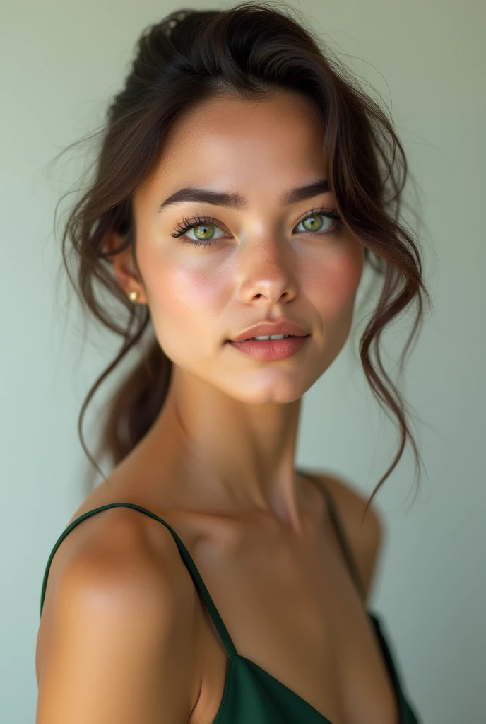 Create an artificial Colombian woman round face green eyes slim profile #$831#hd ropa ld linda americana g