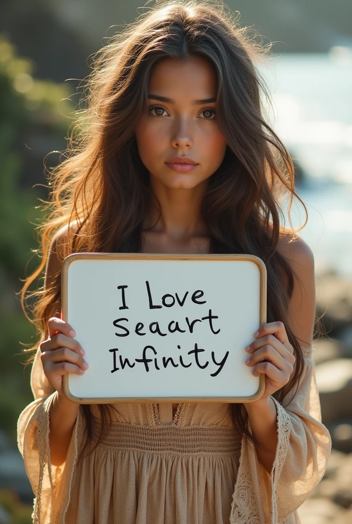 Beautiful girl with wavy long hair, bohemian dress, holding a white board with text "I Love Seaart Infinity" and showing it to the viewer