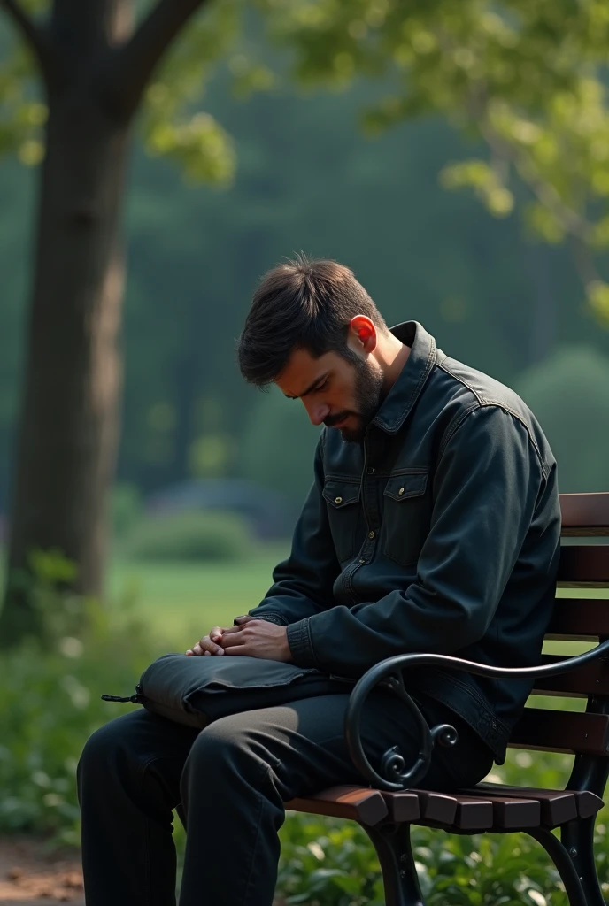 Man sitting on a bench with his head down and thinking and with his head down Realistic 4k Man from the front