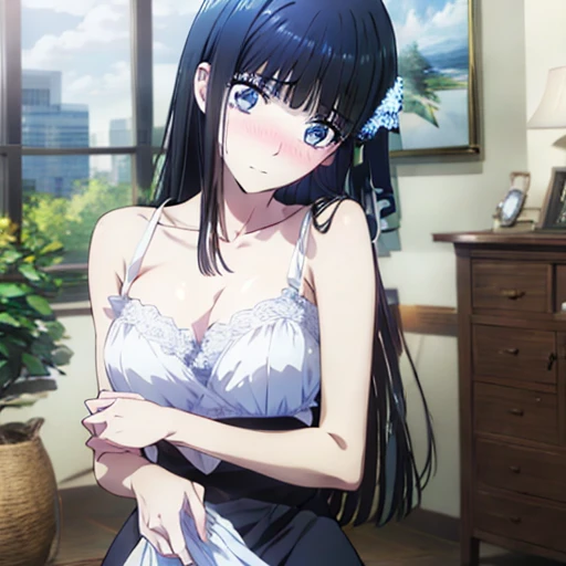 ((masterpiece,High resolution,Highest quality,8k)) Miyuki Shiba,  BREAK, female, dark hair, blue eyes, BREAK, ample breasts, slender, bare collarbone BREAK: (little black dress), (bare arms), (bare shoulders), BREAK: embarassed, blushing, shy