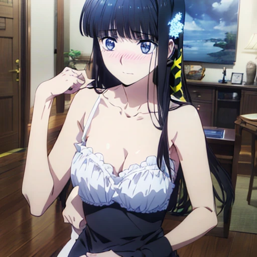((masterpiece,High resolution,Highest quality,8k)) Miyuki Shiba, BREAK, female, dark hair, blue eyes, BREAK, ample breasts, slender, bare collarbone BREAK: (little black dress), (bare arms), (bare shoulders), BREAK: embarassed, blushing, shy