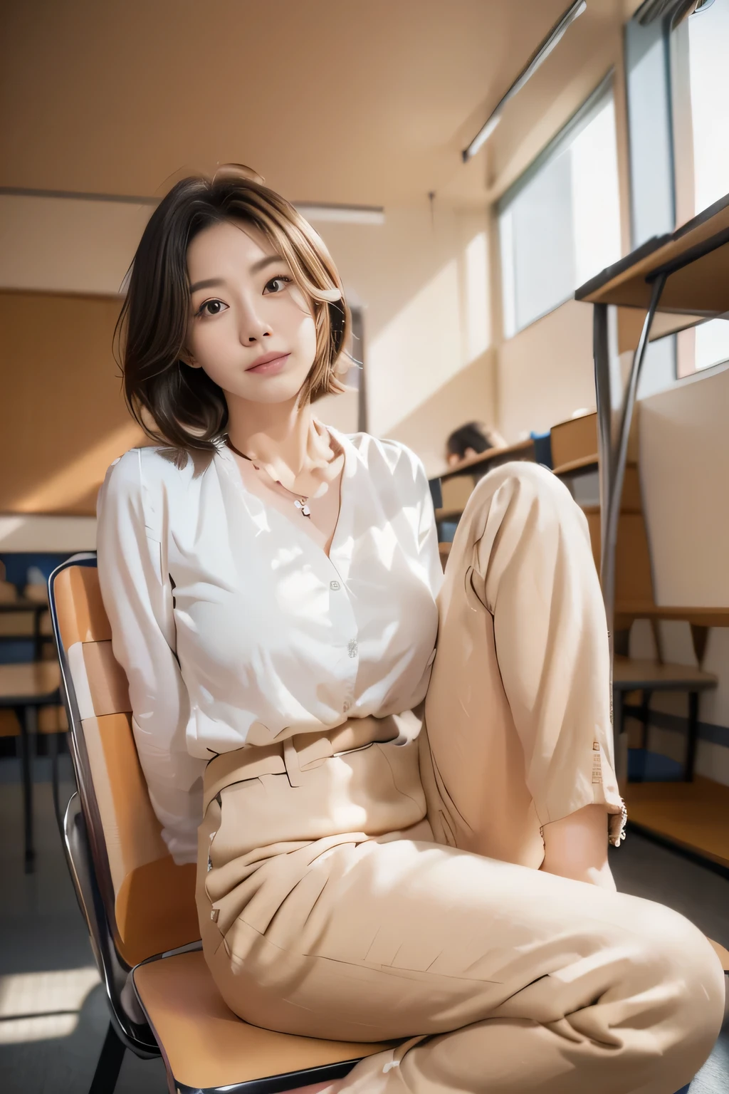 (She is sitting with her legs apart on a classroom chair and looking at me.:1.4)、Shooting from the floor、Japanese women、30 year old teacher、(White blouse:1.4)、(Relaxed beige wide pants)、pumps、Full body photo、first-person view, close-up, uhd, anatomically correct, super detail, high details, best quality, 16K