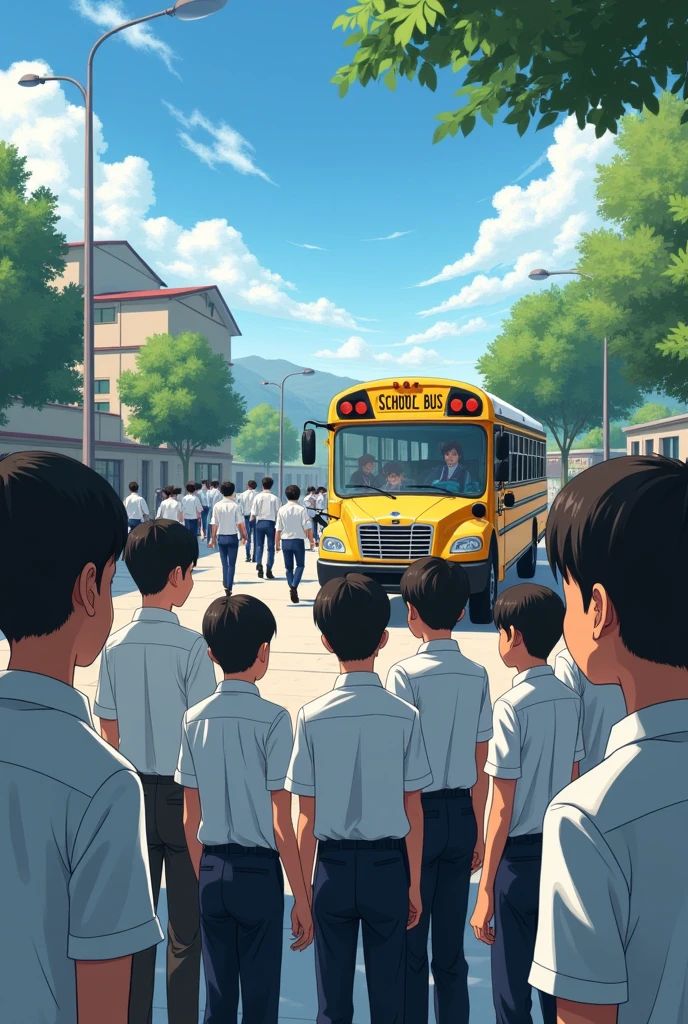 Boys in school uniforms watch as other boys run towards the bus
