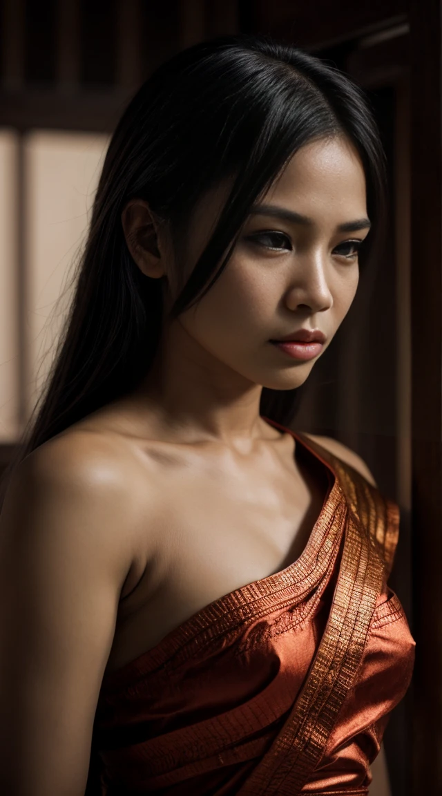 Create a photo of an ancient Thai female warrior around 30 years old, with beautiful and intense facial features, holding a traditional Thai sword. She is engaged in fierce combat on an ancient Thai battlefield, surrounded by many warriors fighting and many injured or fallen. The scene is strong and intense, capturing the power and ferocity of the warrior, ((เต็มตัว)), 1สาว, ตามลำพัง, ผู้หญิง 1 คน
, มีรายละเอียดมาก, hyper เหมือนจริง, 4k, มีรายละเอียดมาก image, เหมือนจริง, มีรายละเอียดสูง, องค์ประกอบที่สมบูรณ์แบบ, งดงาม, มีรายละเอียดซับซ้อน, รายละเอียดอย่างไม่น่าเชื่อ, การถ่ายภาพเชิงศิลปะในระดับ 8k, มีรายละเอียดมากเกินไป, ผลงานชิ้นเอก
