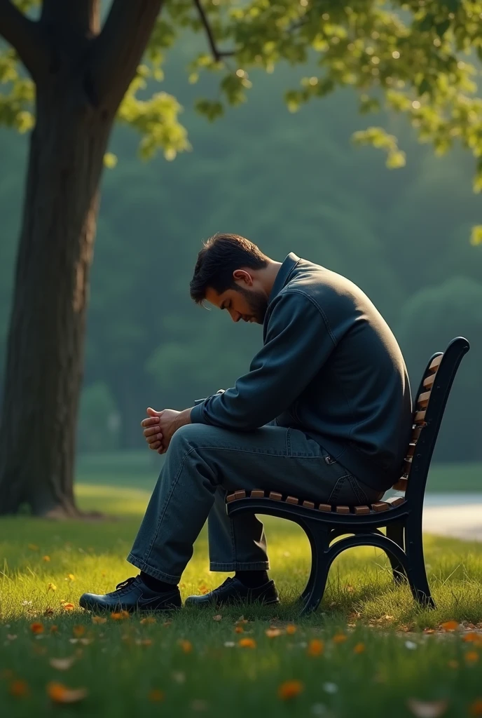 Man sitting on a bench with his head down and thinking and with his head down Realistic 4k Man from the front