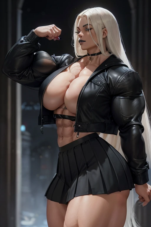 ((Close-up)), tall, (White hair) beautiful muscular woman, long straight hair, light brown skinned, closed smile, (black lipstick), (massive muscles), (hyper muscle), (ginormous bulky muscles), glowing blue eyes, (((long black jacket))) ((long black pleated skirt)), choker, boots, night in Scotland, 