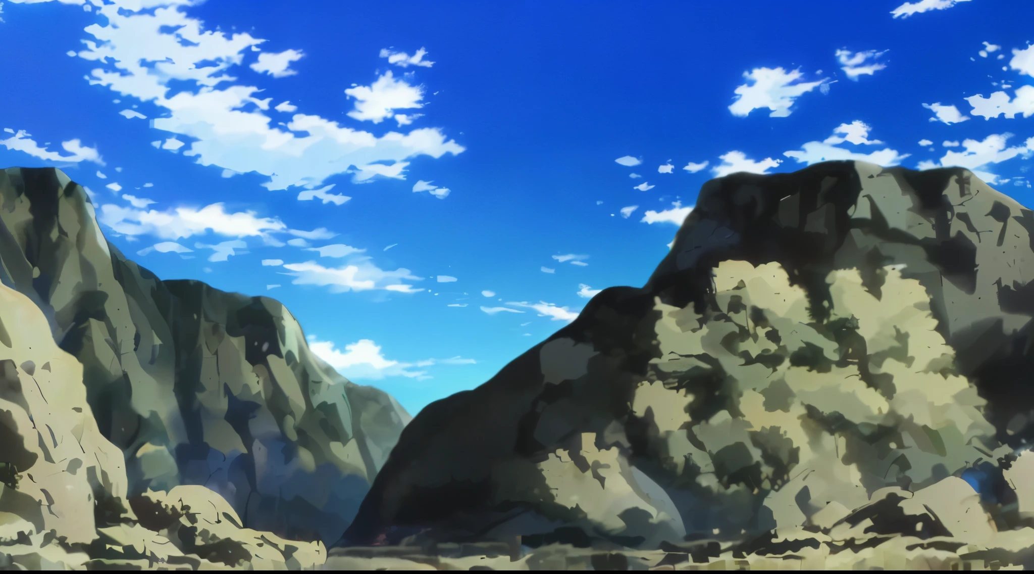 anime style mountains, anime screencap  ,background ,rock field , grass patches, mountains sci fi structure, clouds beautiful lighting ,masterpiece