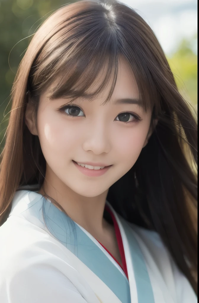 best quality, face focus, soft light, ultra high res, (photorealistic:1.4), RAW photo,(Shinozaki Ai), white skin, kawaii,
1 Japanese girl, solo, cute, (smile), (pupil, lights in the eyes), detailed beautiful face, Medium-sized breasts,(high resolution detail of human skin texture),(long hair),(portrait), upper body, white traditional kimono, blush