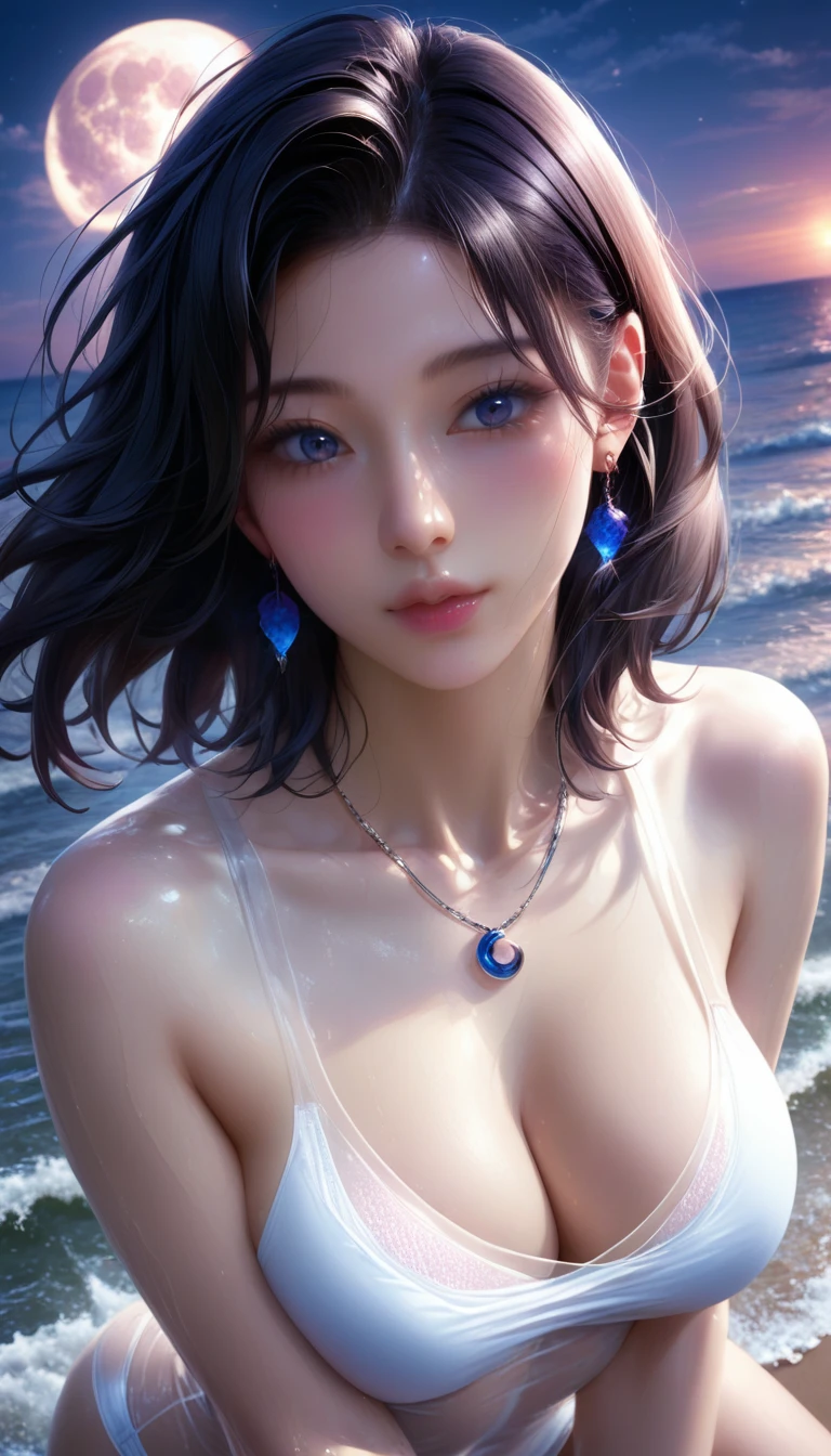 score_9, score_8_superior, score_7_superior, A masterpiece in 32K resolution,Highest quality,it is really amazing,Very detailed,Ultra-high resolution,Ultra-realistic,Realistic,Increased depth of field,Cinematic lighting,
Sexy Japanese Adult Women,
black straight medium hair,Ultra-detailed and beautiful face,Gentle expression,Translucent white skin,Realistic skin texture,
Sexy Swimwear,
Bold design,Artistic design,Beautiful and detailed pattern,Detailed fabric texture,
Gorgeous necklace,Earrings,
Coastline at night,Giant Moon,Dark clouds floating in the dark night sky,
High angle,