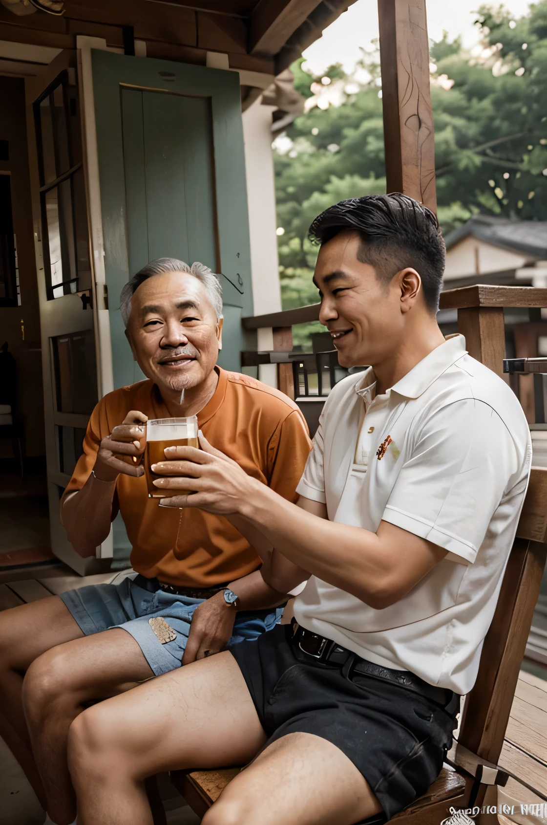 old asian father and 25 year old son, happy, Drinking beer, porch, best qualityer