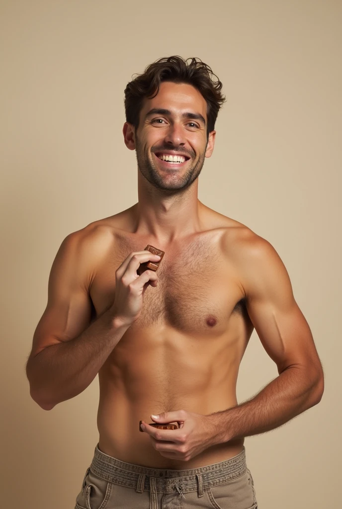PICTURE REALISTIC, one men, with normal clothes, showing the body from the waist up, Grinning, eating a small brown candy shaped like a bar without divisions.