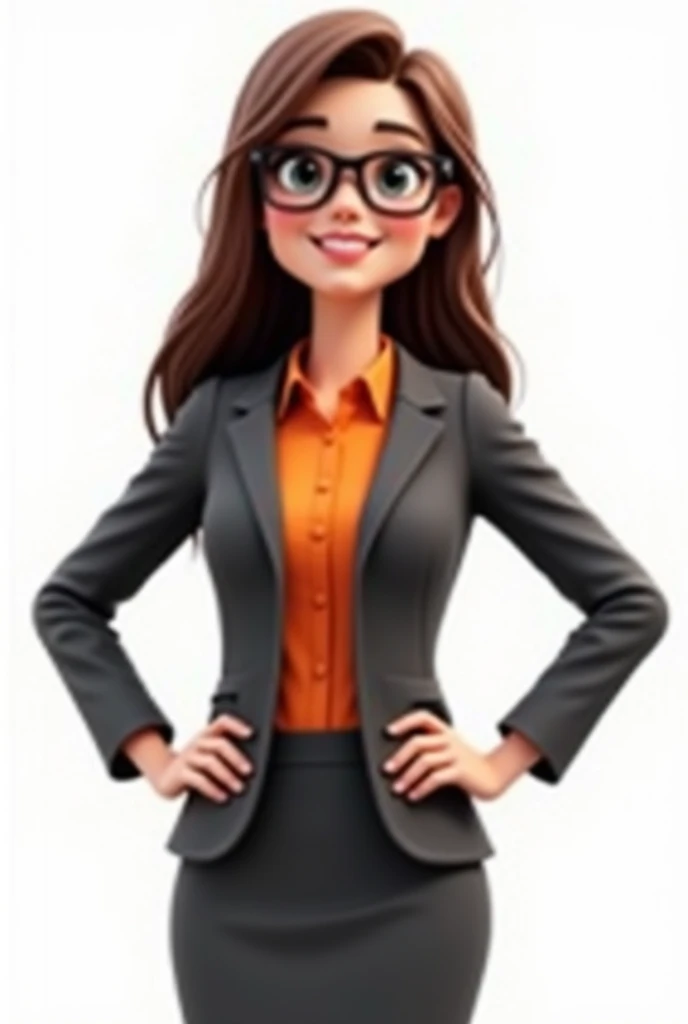 A stylized 3D illustration of a latian girl looking professional and friendly. She has straight, flowing brown hair and wears black-framed glasses. She wears an office outfit consisting of a dark gray jacket and skirt, an orange shirt. The woman stands with a confident posture, with her hands on her waist, showing her full body. Behind her it has a white background