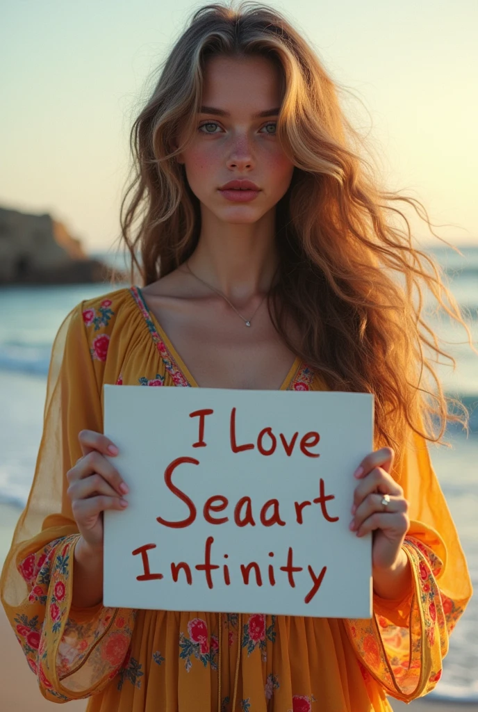 Beautiful girl with wavy long hair, bohemian dress, holding a white board with text "I Love Seaart Infinity" and showing it to the viewer