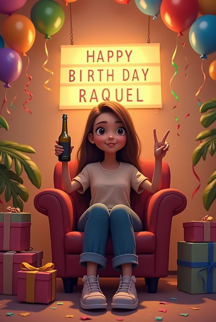 Realistic image of a birthday party. There are balloons of various colors floating and taped to the walls, as well as streamers and confetti scattered on the floor. A lighted sign with the letters "HAPPY BIRTHDAY RAQUEL" hangs on the wall. In the center of the room is an armchair with an adult Asiatic woman with long straight light brown hair, a broad forehead and a round face with a ball nose, holding a bottle in one hand and making a peace sign with the other. The woman is dressed casually and is surrounded by gift boxes.