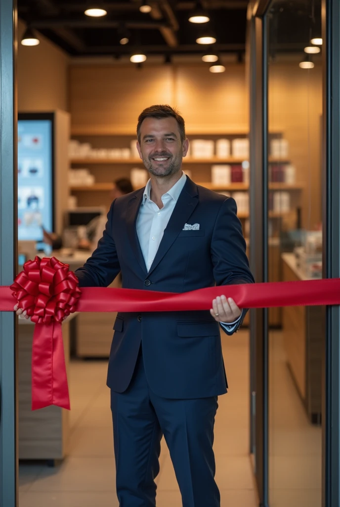 CREATE A PHOTO OF A COMPANY OPENING, THIS IMAGE MUST CONTAIN A RIBBON TO BE CUT AND THE OWNER OF THE COMPANY