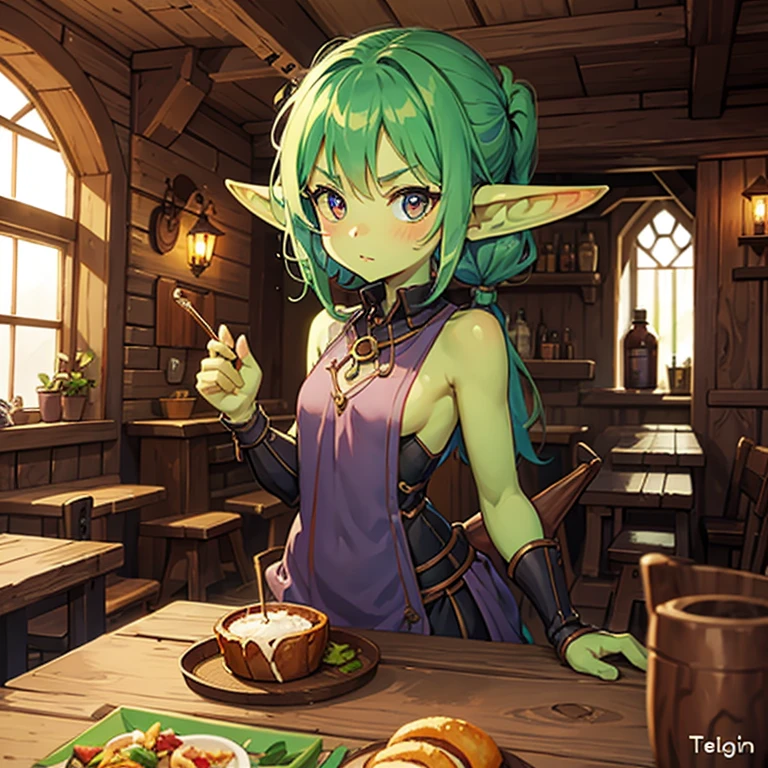 cute goblin girl, medieval tavern, thin body