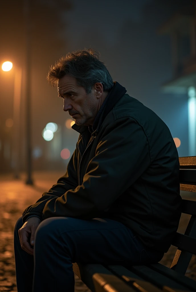 Man sitting on a bench with his head down and thinking and with his head down Realistic 4k Man from the front At night