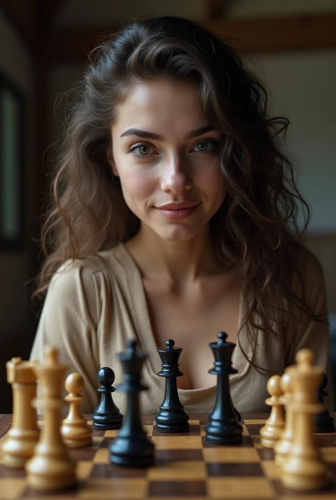 A woman is on a chessboard.
