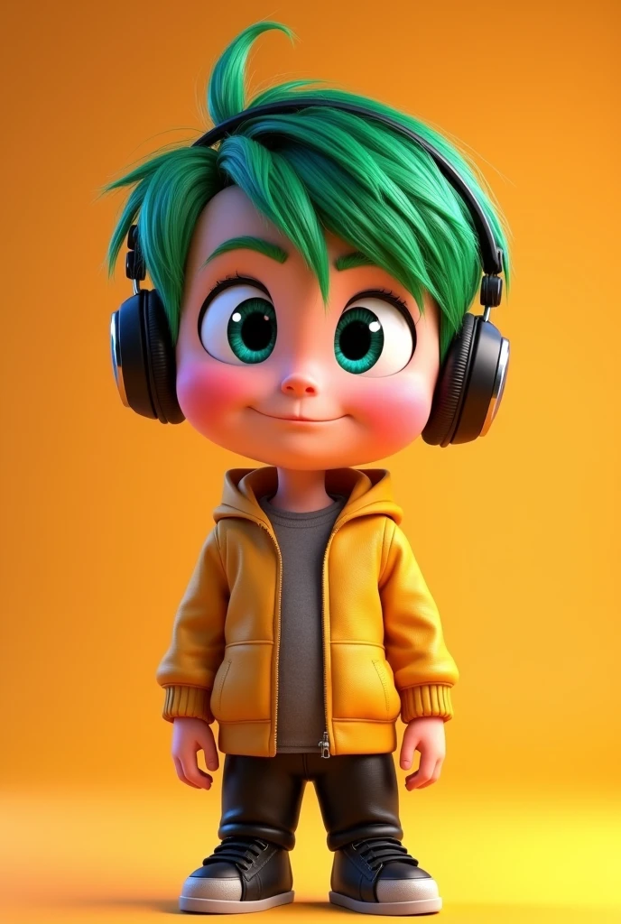 @Legion of I.a:Boy character from the movie Inside Out, disney pixar style,3d,with green hair, blue colored eyes, earphone, leather pants face with cool expression, Light pink skin, light orange background 8k quality