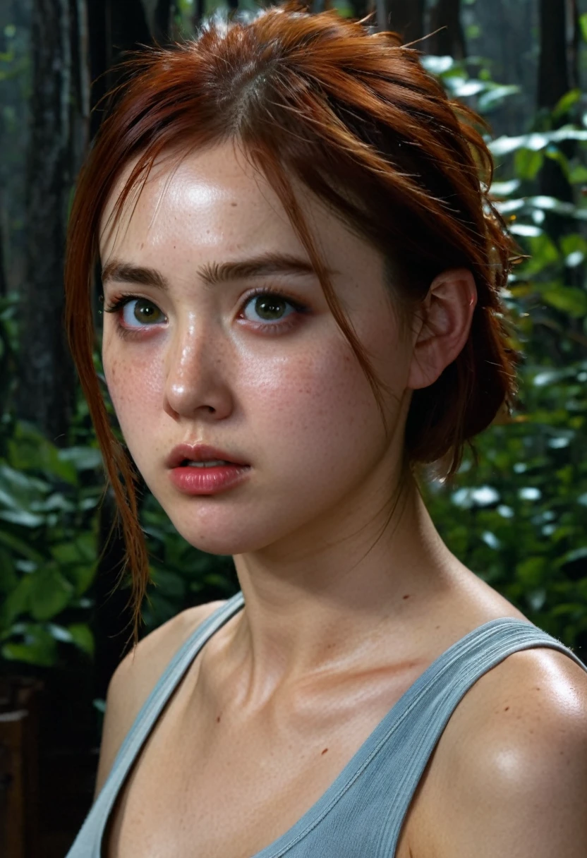 ultra realistic 3ll13tl02 8k cg, picture-perfect face, flawless, clean, masterpiece, professional artwork, famous artwork, dark lighting, cinematic bloom, perfect face, beautiful face, beautiful eyes bukkakAI, 1girl 3ll13tl02 , , rude, , erotic, enchanting, angry look, looking at viewer, ((biting lips)), lip bite, topples, all body in blood, solo, ((sitting)), sharp jaw, (((hollow cheeks))), ((very thin waist)), ((very slim waist))athletic, , (redhead), ((freckles)), abandoned room, postapocalyptic background, dirty , dark forest,