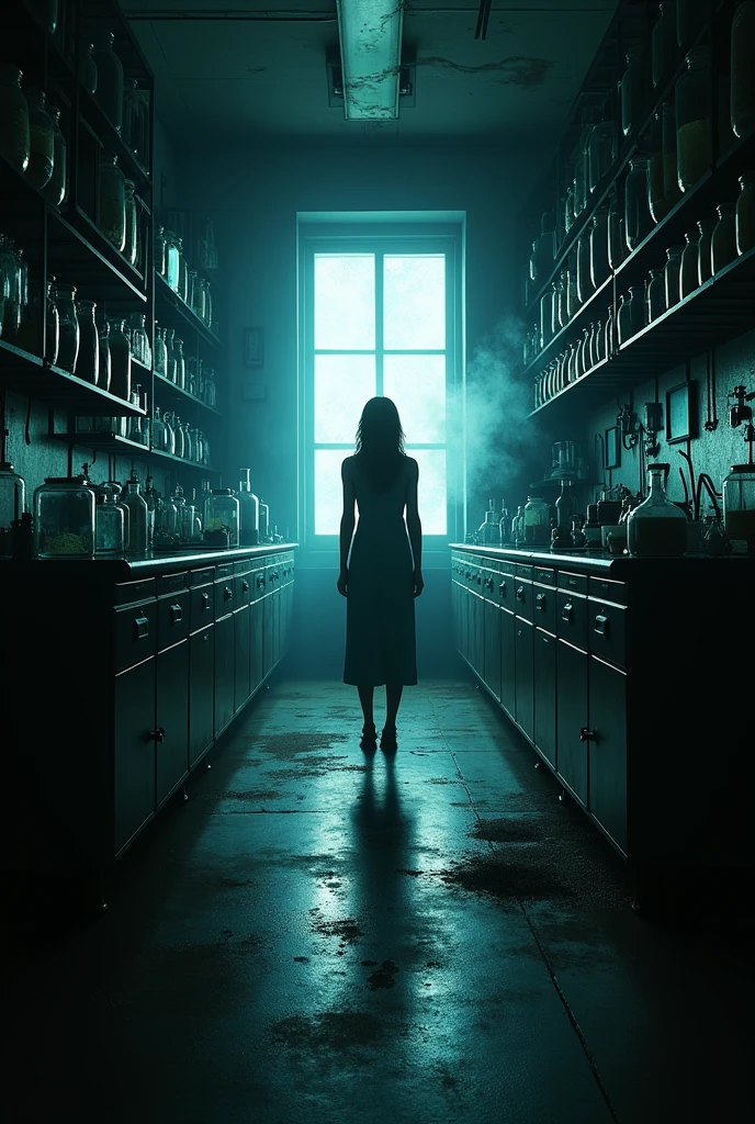 woman at a window in a long hallway with terrifying experiments